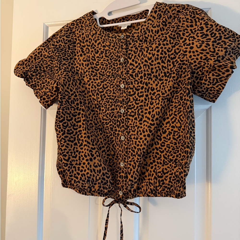 J. Crew Leopard Print Button-Front Tie-Hem Blouse in Brown and Black